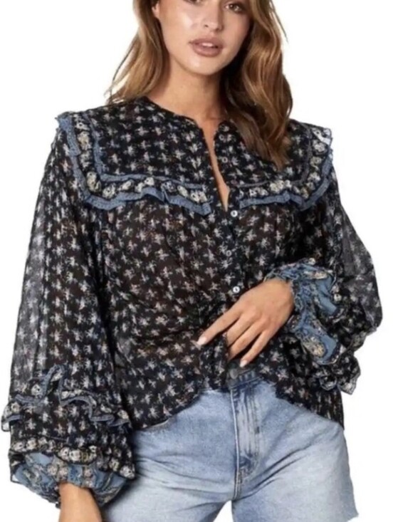 Free People Tops - XS-M Free People Jenna Floral Ruffle Detail Cotton Blouse in Night Combo